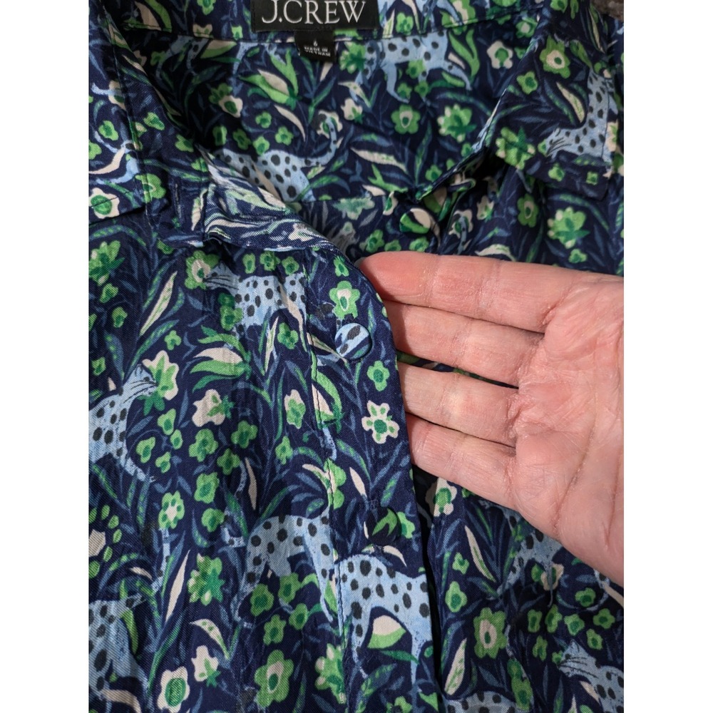 J. Crew Leopard Fauna Floral Button Front Long Sleeve‎ Midi Dress Sz 6 Pockets - Picture 8 of 10